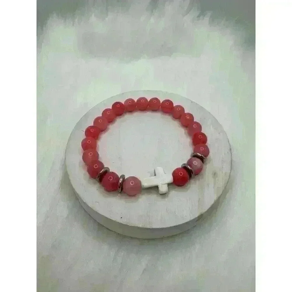 Bubble Gum Pink Beaded W/ White Cross Bracelet